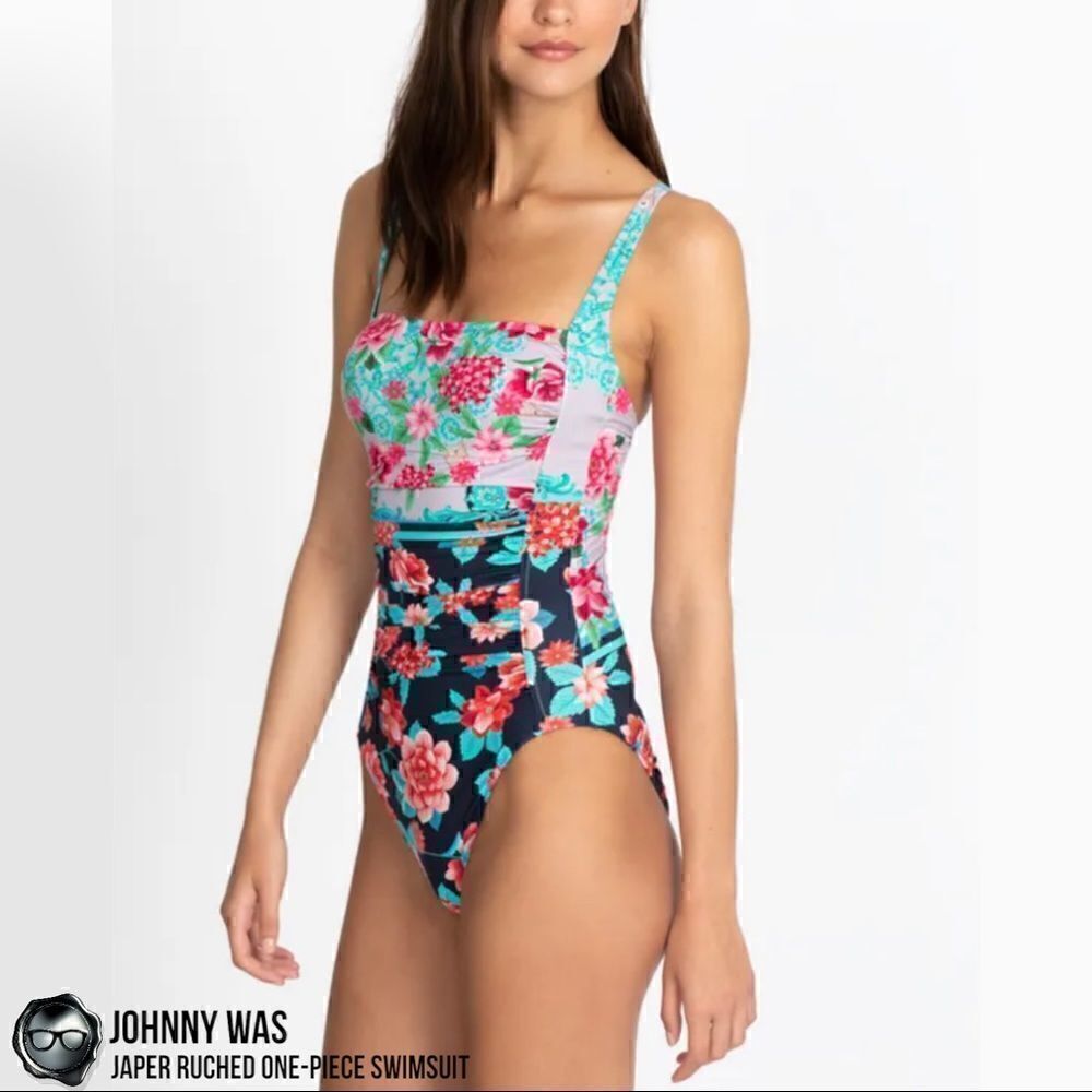 JOHNNY WAS JAPER RUCHED ONE PIECE SWIMSUIT IN FLORAL BLUE RED SMALL, LARGE NEW - Picture 6 of 16